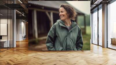 Full-length portrait photography of a cheerful woman in her 40s wearing a lightweight windbreaker against a rustic barn or farm background. Generative AI Wall mural