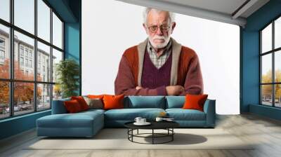 Group portrait photography of a man in his 60s visibly in discomfort and fatigue from an autoimmune disease like lupus wearing a chic cardigan against a white background  Wall mural