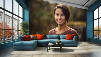 Headshot portrait photography of a satisfied woman in her 30s wearing a cozy sweater against a swampy or bayou background. Generative AI Wall mural