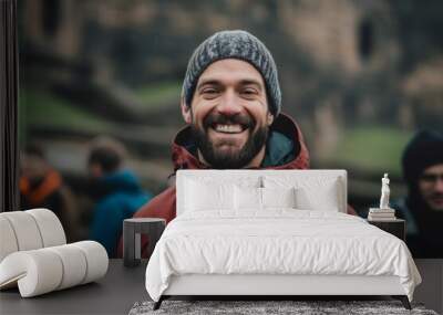 Medium shot portrait photography of a grinning man in his 30s that is smiling with friends at the Edinburgh Castle in Edinburgh Scotland . Generative AI Wall mural