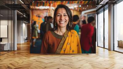 Medium shot portrait photography of a grinning woman in her 40s that is wearing a cozy sweater against a traditional indian wedding celebration background .  Generative AI Wall mural