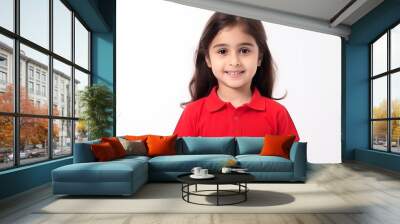 Portrait of a cute little girl in a red shirt on a white background Wall mural