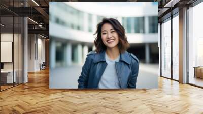 Portrait of a smiling asian businesswoman standing outside office building Wall mural