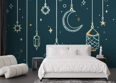 Islamic art Style Background. Symbols of Ramadan Mubarak,arabic lamps, lanterns moon, star, art vector and illustration Wall mural