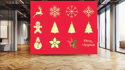 Natal Merry Christmas Vector Snowflake Tree Gingerbread  Reindeer Red Happy Elements  Wall mural