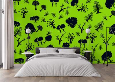 Seamless pattern with trees, green background. Wall mural