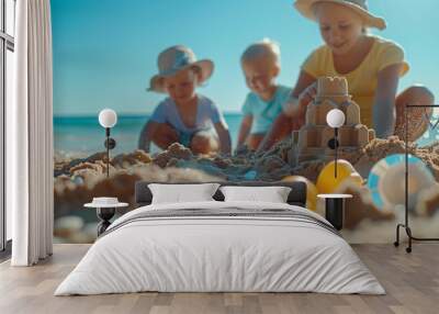 A happy family having fun on the beach in summer Wall mural