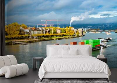 Container ship on the Rhine River in Mainz - Rhineland-Palatinate, Germany Wall mural