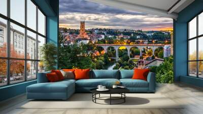 Evening skyline of Fribourg, Switzerland Wall mural