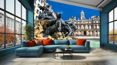 The Fontaine Bartholdi and Lyon City Hall on the Place des Terreaux, France Wall mural