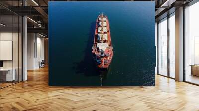 Bulk vessel for dry cargo cruising in sea for loading in industrial port, aerial shot Wall mural