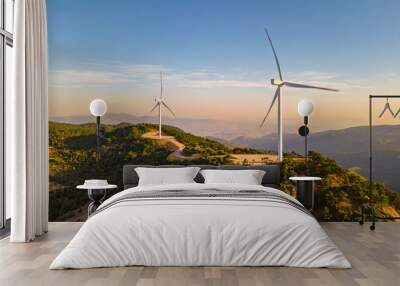 Energy transition with wind power farm, Wind turbines in the wind energy station in mountain Wall mural