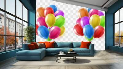 Festive 3d helium balloons isolated on png background. Realistic colorful balloons template for anniversary, Birthday party design. Vector illustration on transparent background Wall mural