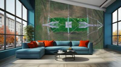 high voltage electric power tower in a green agricultural landscape aerial top view Wall mural