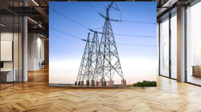 High voltage power line on industrial electricity line tower for electrification rural countryside. Energy transmisson with overhead power line Wall mural