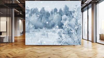 Bright winter landscape with snow-covered pine trees Wall mural