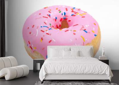 Pink donut closeup on white Wall mural