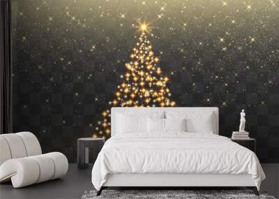 Shiny Christmas tree. Glitter gold particles shine effect on png background. Magical light dust, dusty shine. Vector glittering lights in the form of a Christmas tree with bright glowing particles. Wall mural