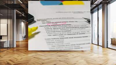 Statement of financial position. Accounting and financial report analysis. Selective focus Wall mural