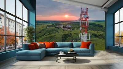 Telecommunication tower 5G, Wireless GSM Antenna connection system of communication systems in countryside. Wall mural