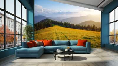 A gorgeous view of forested slopes and distant mountain ranges. Carpathian mountains, Ukraine. Wall mural