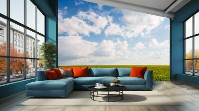 Blue sky background with white fluffy clouds in the fresh sunny day. Wall mural