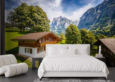 Impressive view of alpine Eiger village. Location place Swiss alps, Grindelwald valley, Europe. Wall mural