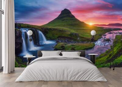 Majestic sunrise with Kirkjufell volcano the coast of Snaefellsnes peninsula. Location place Kirkjufellsfoss waterfall, Iceland, Europe. Wall mural