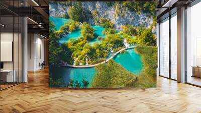 Peaceful view on paradise waterfalls of Plitvice Lakes National Park. Croatian famous resort. Wall mural