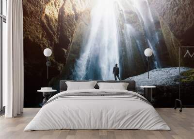 Perfect view of famous powerful Gljufrabui waterfall in sunlight. Wall mural