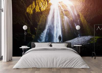 Perfect view of famous powerful Gljufrabui waterfall in sunlight. Wall mural