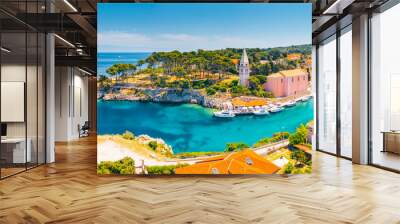 Scenic view of the blue lagoon village Veli Losinj on sunny day. Location place Kvarner Gulf, island Losinj, Croatia, Europe. Wall mural