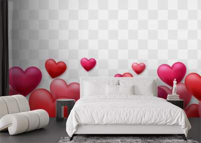 Valentines day love symbol, 3d vector hearts. Flying cute love hearts isolated on png. Realistic romantic emoji. Valentines day background. Wedding decor vector set Wall mural