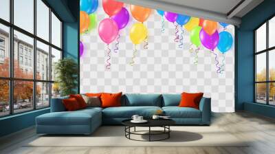 Vector colorful balloons isolated on png background. Realistic festive 3d helium balloons template for anniversary, Birthday party design. Vector illustration on transparent background Wall mural