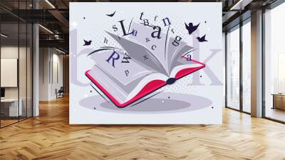 Vector illustration of an open book with pages, letters flying out of the pages of the book, silhouettes of small birds on the background Wall mural