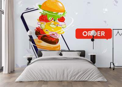 Vector illustration of ordering a burger with your smartphone, burger in your phone Wall mural