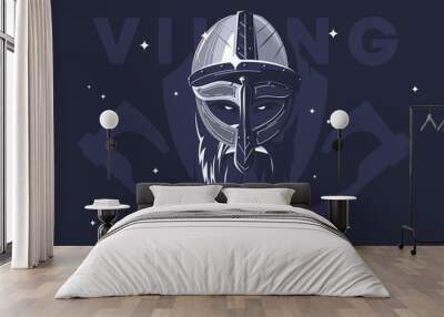 Vector illustration of Viking helmet with beard and Viking face, medieval warrior, silhouette of wooden battle shield and axes Wall mural