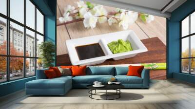 soy sauce, wasabi and chopsticks Wall mural