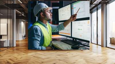 Worker engineer control process of production uses computer with modern SCADA system which showing AI and machine learning. Bearded operator follow of industry process on factory Wall mural