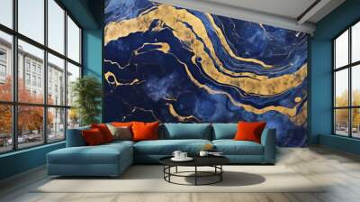 Abstract marble texture,marbled ink painted painting texture luxury background banner. Black blue waves gold painted splashes Wall mural