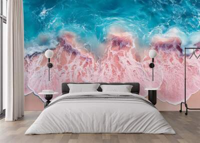 Tropical pink beach with waves. Aerial view of the beach ocean,Coral beach, internet celebrity beach Wall mural