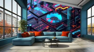 3D isometric design of digital data science, bar graph and pie chart in the style of colorful neon light, hologram with information technology background vector illustration. Wall mural