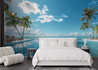 3d render of luxury beach resort with swimming pool and loungers near the sea, palm trees and blue sky background  Wall mural