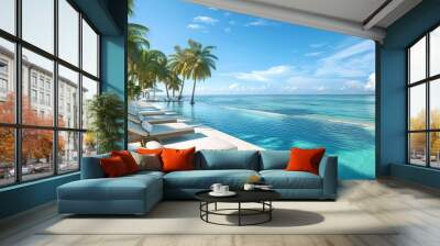 3d render of luxury beach resort with swimming pool and loungers near the sea, palm trees and blue sky background  Wall mural