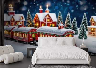 A festive setup with miniature Christmas houses and a tiny train, creating a cozy holiday village scene filled with warmth and seasonal cheer Wall mural