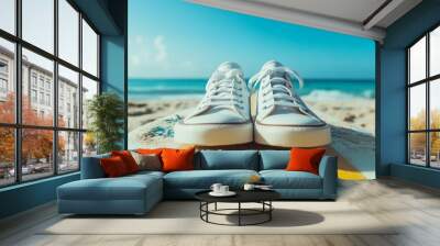 A pair of white sneakers on the pebbled beach Wall mural