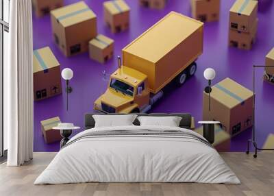 A yellow toy delivery truck surrounded by cardboard boxes on a purple background, illustrating the concept of moving or delivery services.  Wall mural