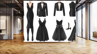 Black outfits in the trendy evening, cocktail, party clothes vector realistic illustration isolated on white. Stylish male and female formal event, outfit, vector, black tie, tuxedo, tuxedo suit  Wall mural