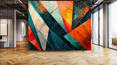 Colorful abstract background with geometric shapes and textures in orange, blue, green, dark gray, teal, red and black colors.  Wall mural