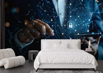 Cyber security and data protection. Businessman using digital tablet protecting business and financial data with virtual network connection, smart solution from cyber attack, innovation  Wall mural